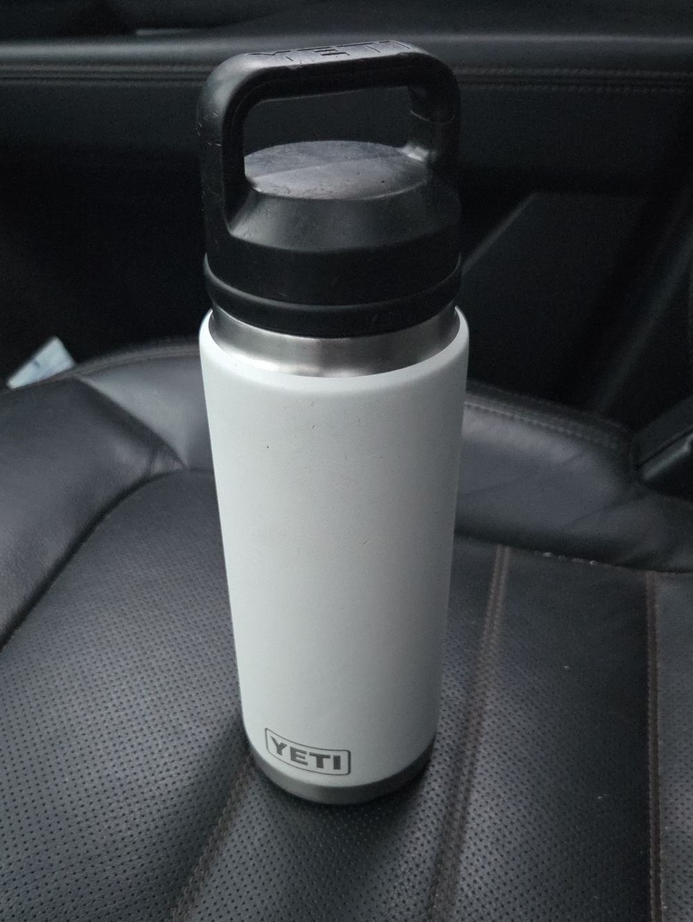 Yeti White Insulated Bottle with Black Handle Lid and Chug Attachment